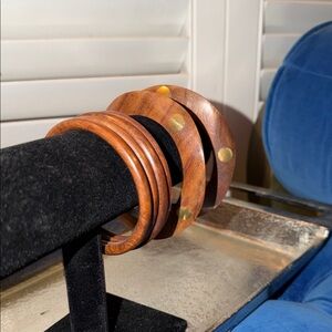 6 Wooden Bangle Bracelet Set with Gold Dots